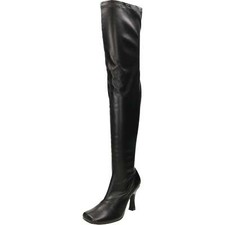 Black Over Knee Boots Thigh High Heel Stretchy Faux Leather Fetish Square Toe