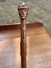 Miners Folk Art Carved Treen Walking Stick 37 "with Carved Miners Lamp Ex Cond