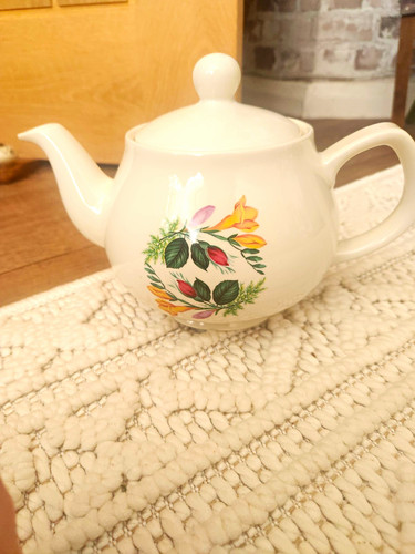 White ceramic floral teapot - white,