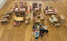 Wooden Dolls' House Furniture Collection With Dolls - 60 Pieces