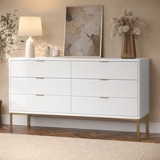 Chest of Drawers White Gloss with 6 Ribbed Drawers Gold Handles Legs Art Deco
