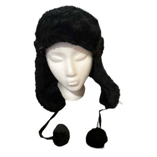 Black faux fur hat - fur, poms