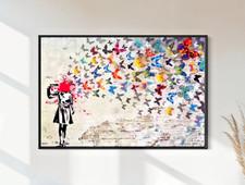 BANKSY BUTTERFLY HEADSHOT GIRL GRAFFITI ART-WALL CANVAS-FLOAT FRAME-POSTER PRINT
