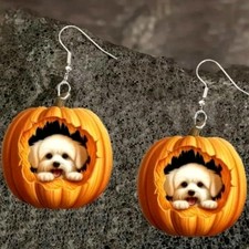 Maltipoo, poodle, bichon, Maltese Cutest Autumn Pumpkin Earrings peekaboo puppy
