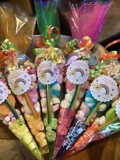 55 X Rainbow Themed Pre Filled Sweet Cones Personalised + Free Sweety Bag