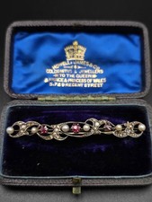 ANTIQUE * BOXED * 9ct Gold & Silver DIAMOND - Ruby? Brooch 6 Grams 