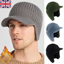 MENS PEAKED KNIT WINTER WARM FLEECE LINED CAP HAT BEANIE EAR FLAPS WORK OUTDOOR