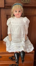 Antique 25” Papier-Mâché Wax Over Doll Blue Glass Eyes