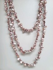 Really Long  Real Keshi Pearl Necklace 3 strands Over The Head Pinkish Vgc
