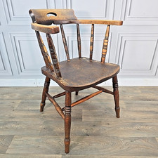 Antique Elm & Beech Smokers Bow Captains Chair – Windsor Armchair – Turned Legs