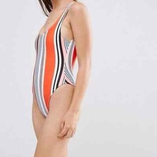 NEW LOOK HIGH LEG STRIPED LOW BACK SWIMSUIT SIZE UK 6  EU 34                 B7