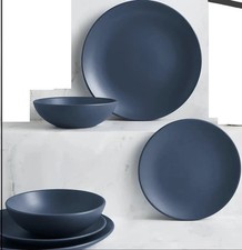 12 Pc 100% Stoneware Dinner Set Kitchen Plates Bowl Medium Blue Matte
