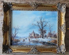 An Oil on Board Winter Landscape in the Style of 17th Century Dutch Old Masters