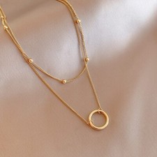 18ct Gold-Plated Double Layer Necklace with Circle Charm