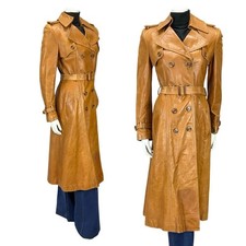 VTG 60S 70S SOFT TAN BROWN LEATHER MOD TRENCH MAC DOUBLE BREAST BELTED COAT 10