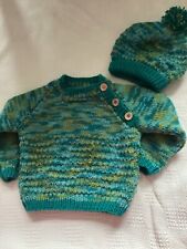 Hand knitted baby pullover n hat  in Marble mixed green aran wool size 1-2 yrs 