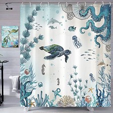 Long Sea Turtle Octopus Shower Curtain Blue Teal Waterproof Fabric Bathroom 