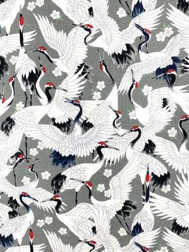 Japanese cranes fabric grey - japanese,