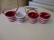 4 x Small Red & White Stiped Metal Hanging Buckets. Height 6cms plus Handle VGC.