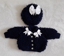 Hand Knitted Baby Girls Loopy Jacket And Beret 0/3months Navy