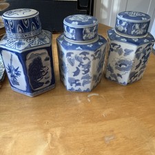 Three Modern Japanese Ginger Jars Blue and White . 8 Inch Tall