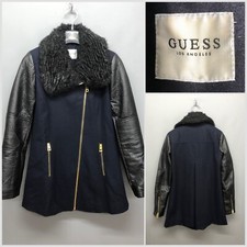 GUESS Los Angeles Women's Navy Coat XS UK 4 Faux Fur Trim