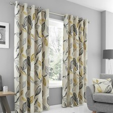 Fusion Ensley 100% Cotton Floral Leaf Eyelet Fully Lined Curtains Pair Ochre