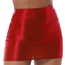 UK Women Glossy High Waist Pencil Skirt Solid Color Smooth Bodycon Mini Skirt