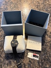 Skagen Black Ladies Watch Stainless Steel Mesh Bracelet. Boxed. Adjustable Strap
