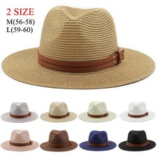 Foldable Men Women Wide Brim Panama Hats Straw Leather Band Fedora Sun Hat