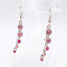 VIRGIN VIE Silver Tone Pink Bezel Set Round Drop Earrings Hook Dangle Retro