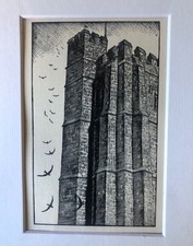 Vintage wood engraving print , C F TUNNICLIFFE - Birds on Tower, mounted. 1933