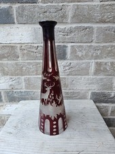 Antique Bohemian Cranberry Glass Decanter w Stag Decoration | Ruby Lead Crystal 