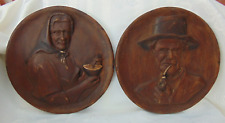 Pair Antique Vintage French Breton Folk Art Man Woman Carved Wooden Wall Plaques