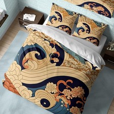 Great Wave Of Kanagawa Quilt Cover Japanese Bedding Set, Cotton Duvet Cover Colo