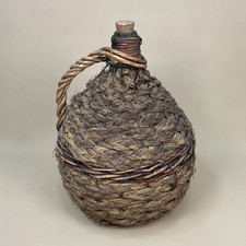 Antique Demijohn Carboy Wine Jug Wicker Cover Green Glass Bottle Handle Woven