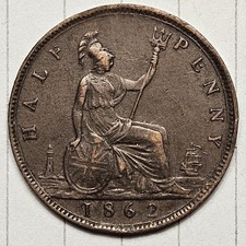 1862 Great Britain Half Penny High Grade World Coin 1/2p GB - Young Victoria