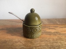Portmeirion vintage Totem Green Mustard pot with silver-plate spoon retro VGC