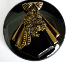 Vintage Mid Century Large French Black Round Bakelite Brooch With Central Design