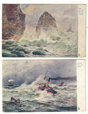2 Tuck's Postcards  Sea Pictures Steam Tug in a Gale & The Stacks Rocks Wales