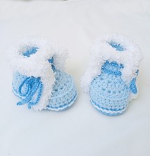 Hand knitted / crochet furry boot baby bootees. Blue & white. Size newborn