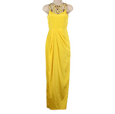 Women's Virgos Lounge Yellow Satin Dress Slit Ruched Embroidered Maxi Size 6