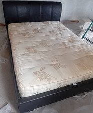 Faux leather king size bed with mattress, dark brown, used, collection only