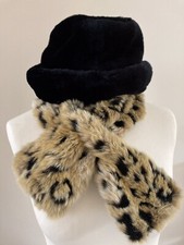 Set of 2 - Faux Fur Bucket Hat Black & Animal Pattern Scarf - Girls