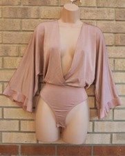 PRETTYLITTLETHING DUSTY PINK LYCRA FLARE LONG SLEEVE BODYSUIT TOP BLOUSE 8 S