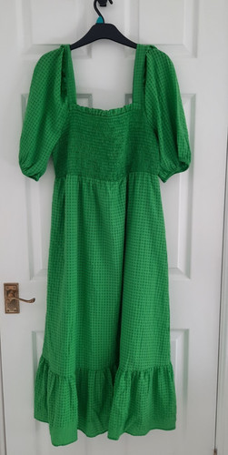 Green shirred puff sleeve midi - sleeve,