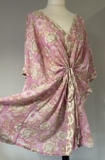 East Anokhi Artisan Pink Silver Hand Block Gathered Kimono Kaftan Dress M / L