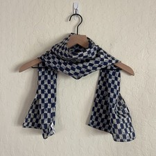 Vintage Oscar De La Renta 100% Silk Rectangle Scarf Blue White Checkered Plaid