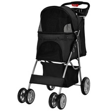 Black Folding Pet Stroller with Wheels and Canopy
