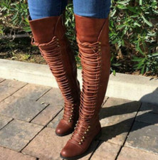 Women Over the Knee Boot Lace Up Bandage Thigh High Combat Boot Low Block Heel D